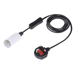 E27 to UK plug power adapter with inline switch, ideal for appliances requiring conversion from E27 sockets to UK power outlets.
