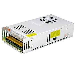 Power supply unit for electronic devices, with cooling fan and multiple output connections, suitable for industrial and electronic applications.