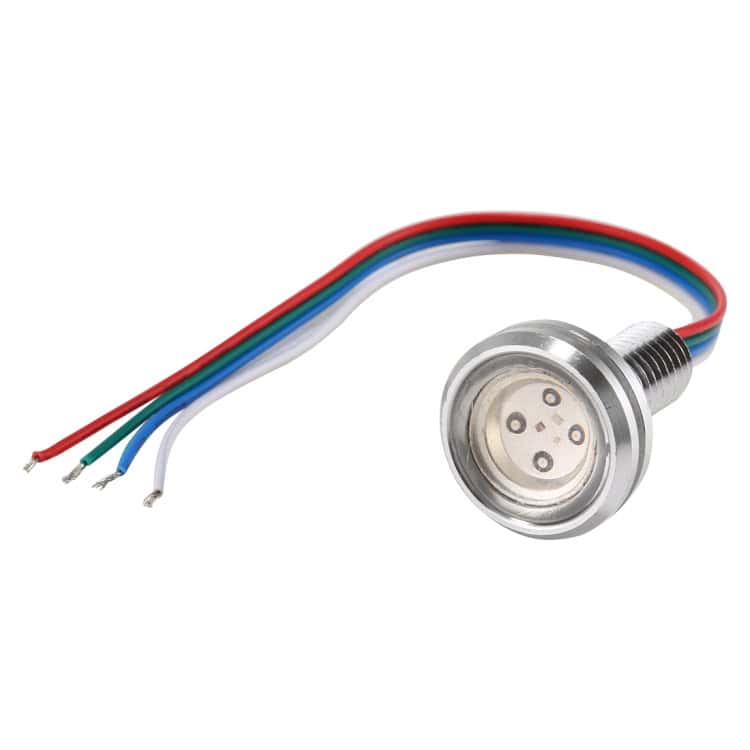 Ultra-Bright 23mm 3W LED Night Light Headlamps - Perfect for Nighttime Adventures! 2 Red, Blue, White, And Green Wires Connected To A Circular Metallic Sensor With A Threaded Base, Designed For Industrial Or Electronic Applications.