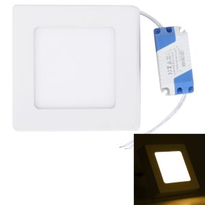 Square LED panel light with a white frame and attached driver unit.