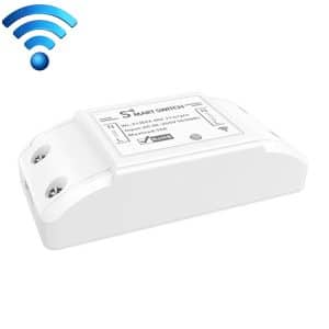 Smart Wi-Fi switch with a white casing and labeled connections for installation.