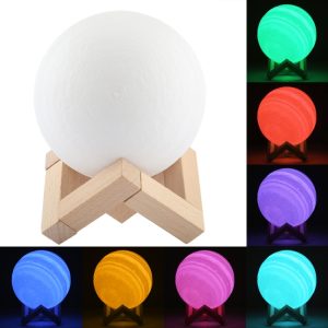 Jupiter Lamp: 10cm 3D Print, USB Charging, 7-Color LED Night Light & Wooden Base