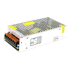 Power supply unit for electronics and industrial applications, 12V 10A, with metal casing for durability and safety, ideal for LED lighting, CCTV, and automation systems.