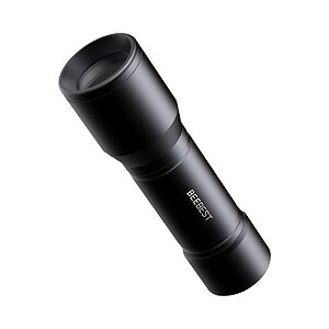 Black handheld flashlight with adjustable focus, designed for outdoor and tactical use, featuring a durable build and bright LED beam. Perfect for camping, hiking, or emergency situations.