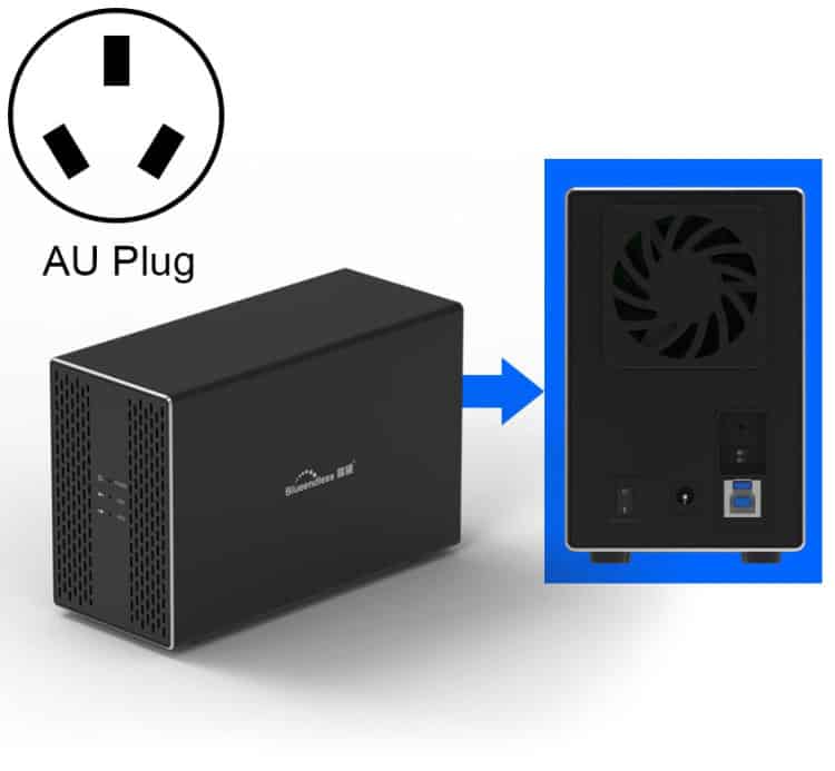 Blueendless USB-B 3.5" 2-Bay RAID HDD External Enclosure 1 Au Power Plug For External Mini Pc Or Server, Black Compact Pc Case, Fan Ventilation, Usb Port, Power Button, And Low Noise Cooling System. Suitable For Home Or Office Use.