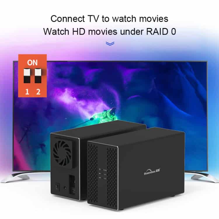 Blueendless USB-B 3.5" 2-Bay RAID HDD External Enclosure 13 Connect Tv To Hd Movies With Raid 0 Storage, Featuring A Compact Mini Pc For Seamless Media Streaming And Entertainment.