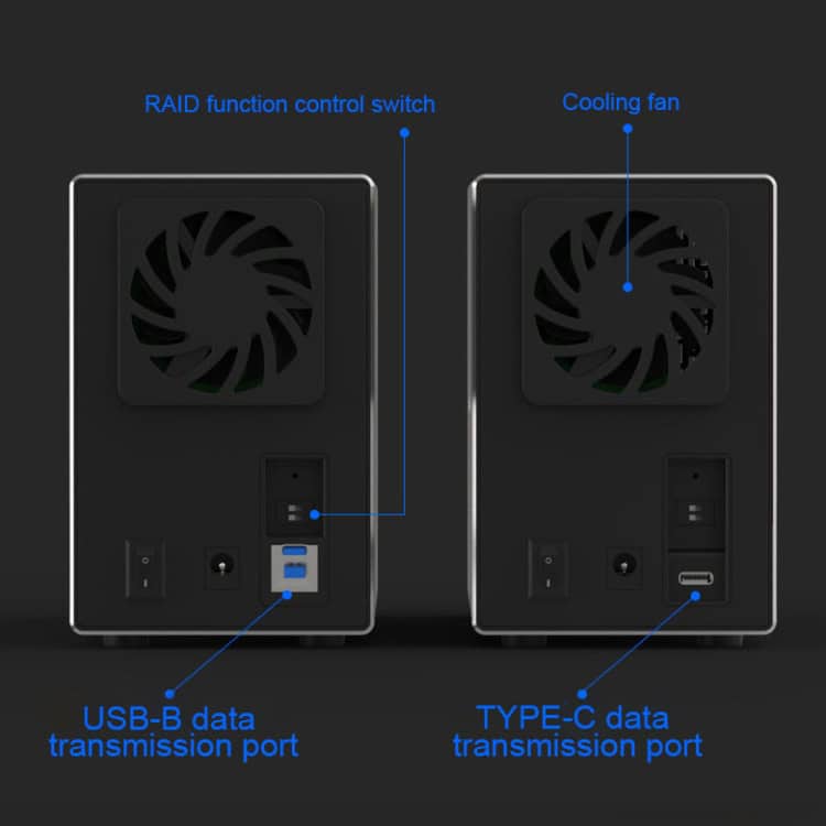 Blueendless USB-B 3.5" 2-Bay RAID HDD External Enclosure 8 Raid Function Control Switch, Cooling Fan, Usb-B Data Transmission Port, And Type-C Data Transmission Port On Dual Network Storage Devices.