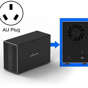 AU plug-compatible desktop computer with external cooling fan and power supply unit for efficient hardware performance, ideal for office or home use.