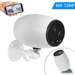 HD 720P security camera with remote viewing smartphone app, wireless outdoor surveillance camera, weatherproof home security cam for live feed and video recording.