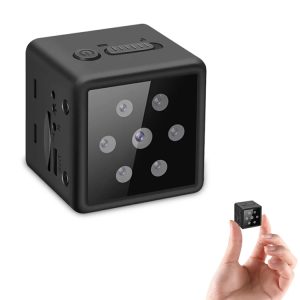 Compact wireless security camera cube with multiple lenses for home surveillance and smart monitoring.