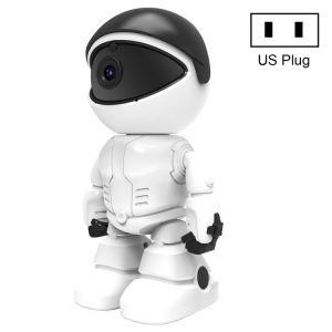 Futuristic white robot with black accents and a camera eye, designed for technology innovation and automation, shown with a US power plug for charging or power supply.