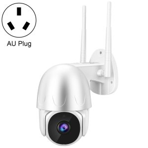Plug-in wireless security camera with adjustable mount, night vision, and dual antennas for improved signal strength, compatible with AU power outlets for home and business surveillance.