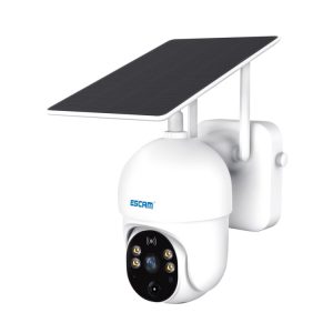 Solar-powered security camera with solar panel and wireless connectivity for outdoor surveillance.