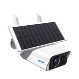 Solar-powered security camera with solar panel for outdoor surveillance and energy efficiency.