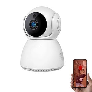 Wireless security camera with night vision and mobile app connectivity for home surveillance.