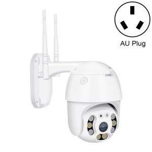 Wireless security camera with PTZ functionality and AU power plug, white, indoor surveillance camera with remote monitoring features.