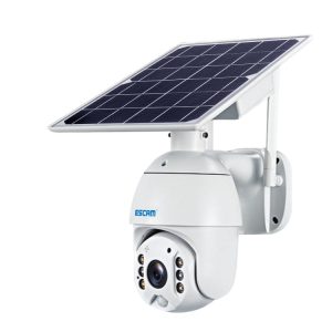 High-efficiency solar-powered security camera with solar panel for outdoor surveillance and energy savings.