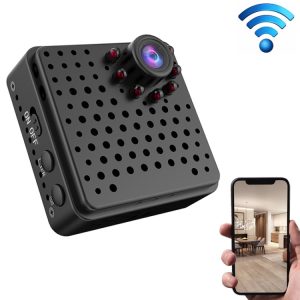 Mini WiFi camera with night vision and motion detection for home security, compatible with smartphone app, portable spy camera.