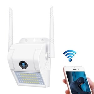 Wireless security camera with infrared LED lights and mobile app connectivity for home surveillance and remote monitoring.
