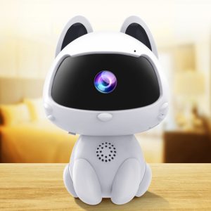 Cute robot dog with camera lens on face for smart home security and entertainment.