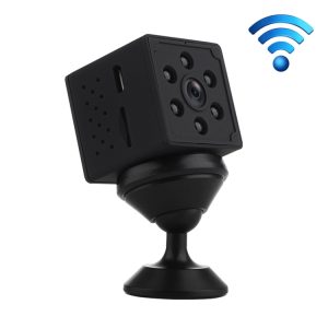 Wireless security camera with night vision and wide-angle lens for home surveillance, mounted on a sleek black stand.