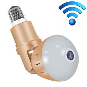 Lightbulb security camera with wireless Wi-Fi signal icon, smart home surveillance device for remote security monitoring, compatible with syndmart smart home solutions.