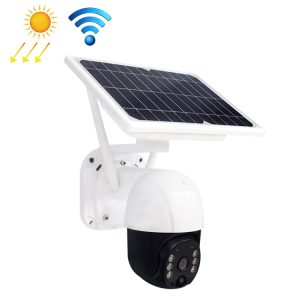 Solar-powered security camera with Wi-Fi connectivity and solar panel for energy efficiency, outdoor surveillance, and remote monitoring.