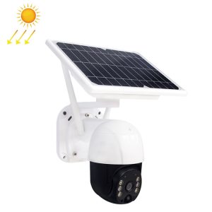 Solar-powered security camera with solar panel for outdoor surveillance and energy efficiency, ideal for smart home security systems.