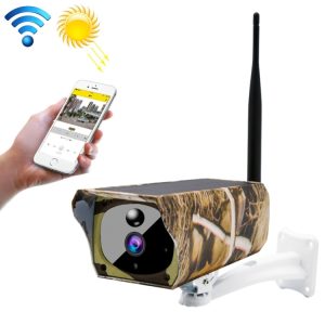 Wireless security camera with camouflage design, remote monitoring via smartphone, outdoor surveillance, motion detection, and high-definition video capture.