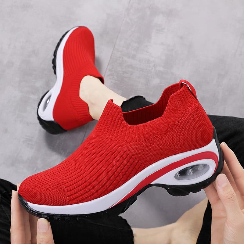 Ultimate Breathable Sneakers: Summer Air Cushion Technology, Ideal for Active Runners 4 Red Slip-On Athletic Sneakers With Cushioned Air Sole, Perfect For Casual Wear And Athletic Activities. Made With Breathable Knit Fabric For Comfort And Style.