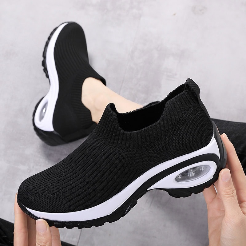 Ultimate Breathable Sneakers: Summer Air Cushion Technology, Ideal for Active Runners 1 Comfy Black Slip-On Athletic Sneakers With Air Cushion Sole For Sports And Casual Wear, Breathable Knitted Fabric, Stylish Modern Design, Lightweight And Supportive For Active Lifestyles.
