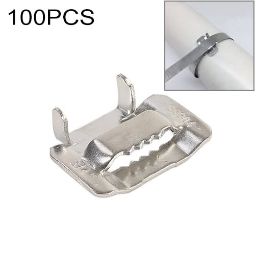 100 PCS 19.05mm Stainless Steel Cable Tie Lock Type Bundle Buckle 1 Heavy-Duty Pipe Clamp For Secure Piping Installations, Includes 100 Pieces For Plumbing And Construction Projects, Reliable Metal Construction, And Adjustable Grip For Various Pipe Sizes.
