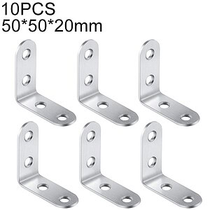 Stainless steel L-shaped corner brackets for DIY furniture, shelving, and construction projects, 50x50x20mm, pack of 10. Durable and versatile hardware accessory for secure mounting.
