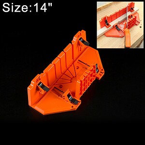 14-inch plastic miter box for precise woodworking and cuts, ideal for DIY projects and professionals. Features adjustable guides and durable construction.