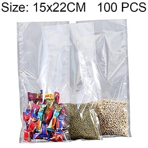 Nut and seed snack pouches, transparent plastic packaging, food-grade, ideal for retail and storage, 15x22 cm, 100 pieces.