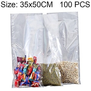 Clear plastic food storage bags with 35x50cm size, 100-pack, perfect for organizing snacks, grains, or small items for households, kitchens, and catering needs.