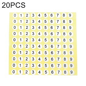 20-piece number sticker sheet for labeling and organization, ideal for classroom, craft, and office needs, featuring clear black digits on white circles with yellow backing.