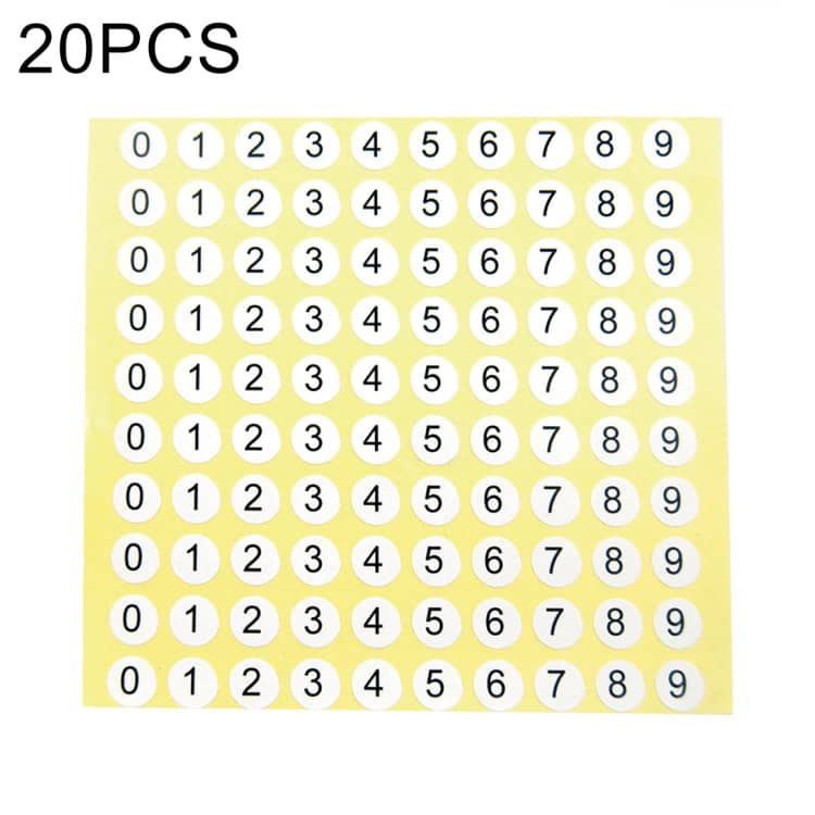 20 PCS Round Shoe Size Number Sticker Labels 0-9, Adhesive, General Public 1 20-Piece Number Sticker Sheet For Labeling And Organization, Ideal For Classroom, Craft, And Office Needs, Featuring Clear Black Digits On White Circles With Yellow Backing.