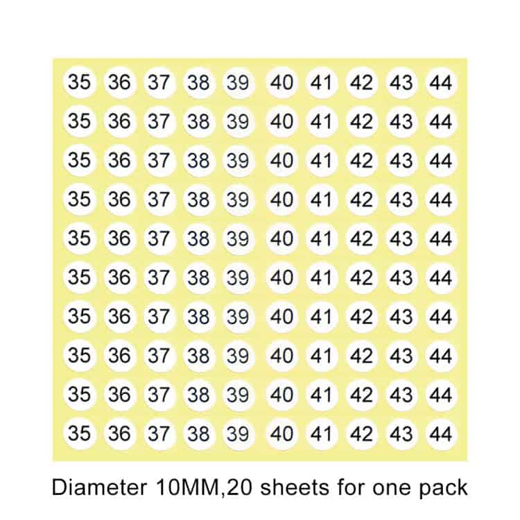 20 PCS Shoe Size Sticker Labels, Numbers 35-44, Easy Organization 2 10Mm Diameter Round Adhesive Label Stickers, 20 Sheets Per Pack, Ideal For Packaging, Sealing, And Labeling Needs With Bright Yellow Background And Bold Black Font.