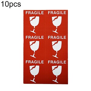 Fragile glassware handling stickers, 10 pieces, safety hazard labels for packaging, shipping, and logistics.