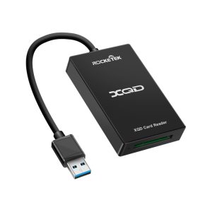 XQD card reader with USB connection for fast data transfer - compatible with Rocketek XQD cards. Perfect for photographers and videographers needing reliable storage device.