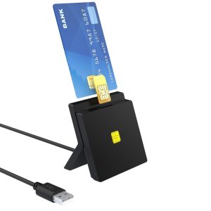 Secure card reader with USB connection for contactless payments and digital transaction processing.