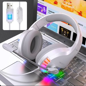 Wireless headphones with LED lighting connected to a laptop for online communication and multimedia, highlighting tech gadgets and electronic accessories at Syndmart.