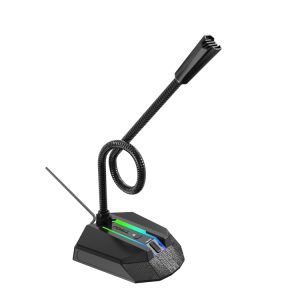 Flexible desktop microphone with a gooseneck design, suitable for gaming, streaming, and online communication. Features customizable LED lighting for an enhanced user experience.