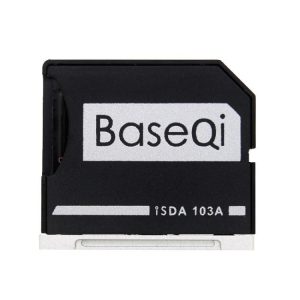 BaseQi SD card adapter with a black and silver design, labeled with 'BaseQi' and 'iSDA 103A'.