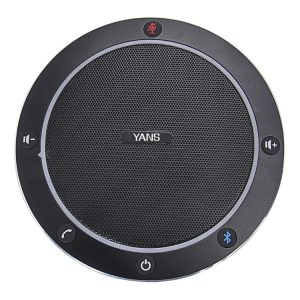 Wireless Bluetooth speaker with built-in microphone, speakerphone, volume controls, and portable design for high-quality music and hands-free calls.