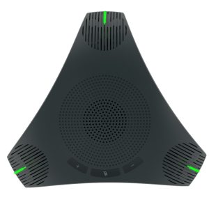 Black triangular conference speakerphone with microphone controls and LED indicators for seamless remote communication and conference calls.
