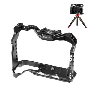 Black camera cage designed for DSLR and mirrorless cameras with mounting options.