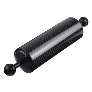 Carbon fiber exhaust muffler with black ends and a cylindrical shape.