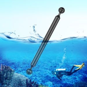 Underwater diving equipment with a black handle and spherical ends submerged in water.